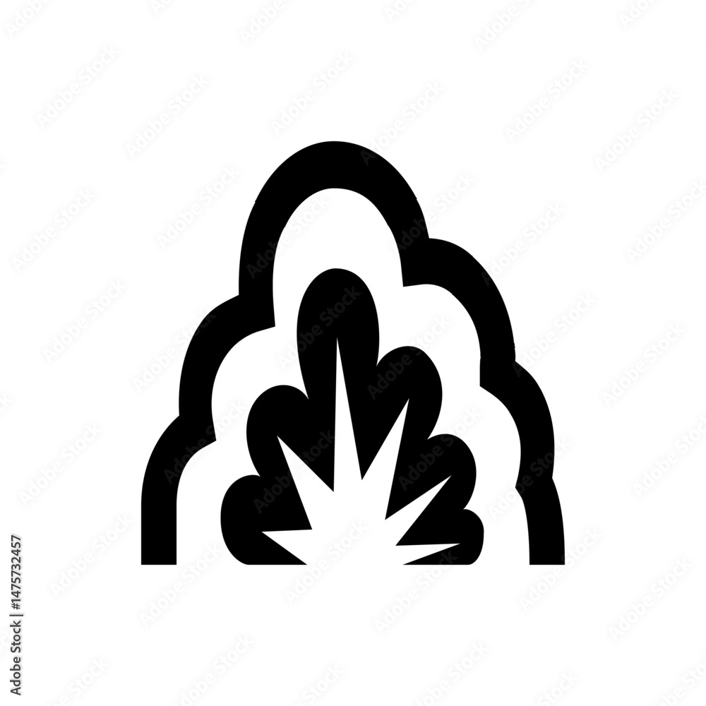 Poster stylized black and white explosion design with cloud like shapes and sharp radiating lines in the co