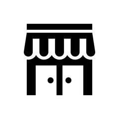 Illustration of a store front with a striped awning and double doors in a simple black and white style