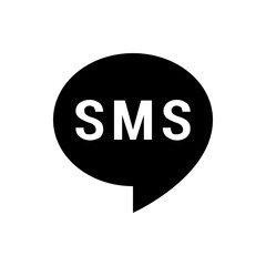 Black speech bubble containing the white letters sms representing a text message notification icon design