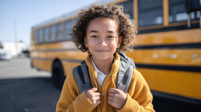 Confident child ready for first day of school with backpack outdoors in front of school bus