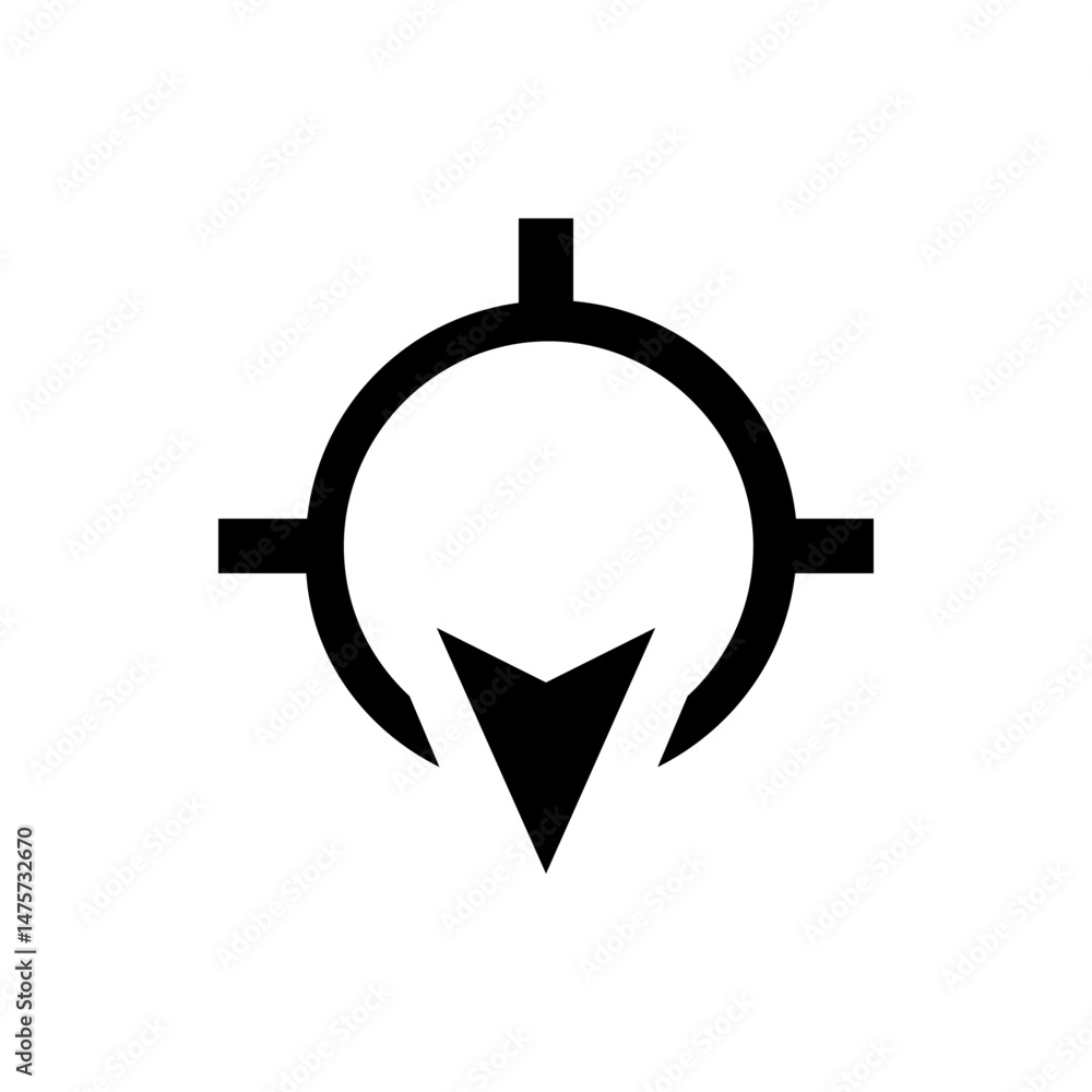 Poster an abstract icon featuring a circle with a cross shape and an arrow pointing downwards in black and 