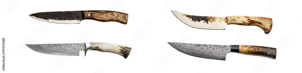 Poster set of several unique handcrafted knives displayed. isolated on transparent background
