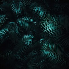 Lush, dark teal palm fronds create a dense, tropical backdrop