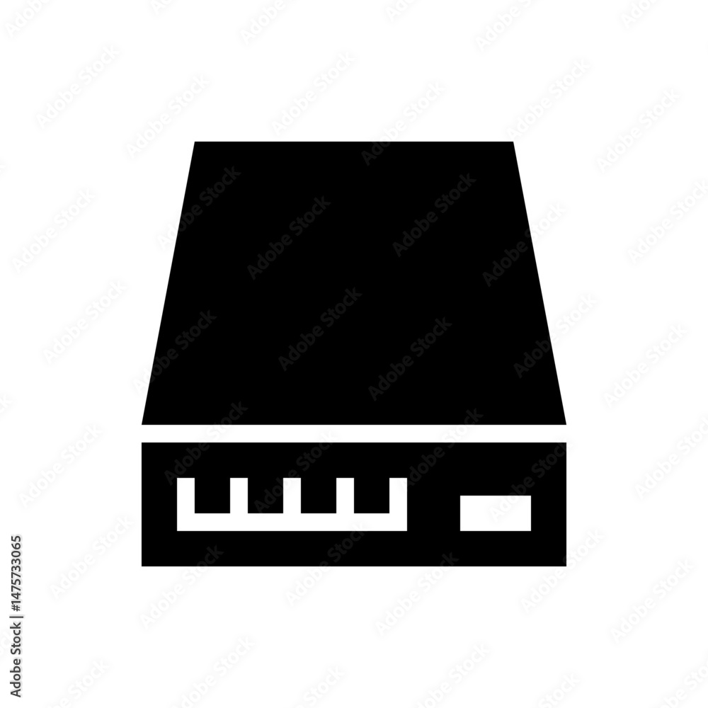 Poster a black trapezoidal shape sits atop a white horizontal line with rectangular cutouts along the botto
