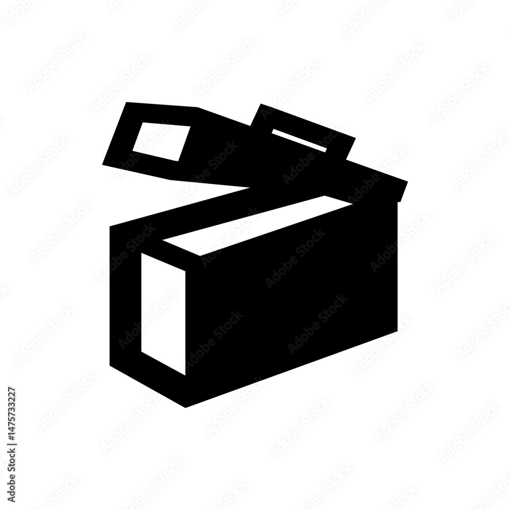 Poster illustration of a black box with an open lid, depicted in a simple and geometric style design elemen