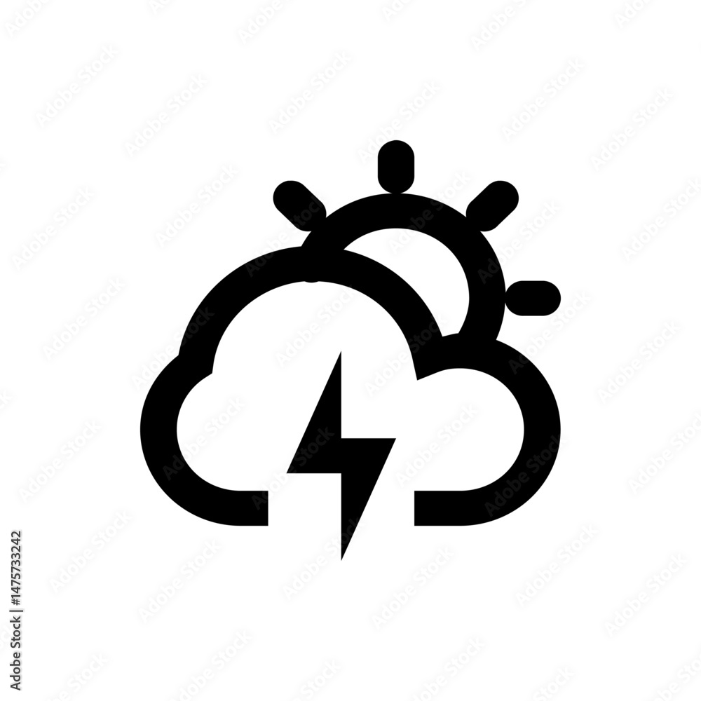 Poster weather icon depicting a cloud with a lightning bolt and a sun with rays in a simple black and white