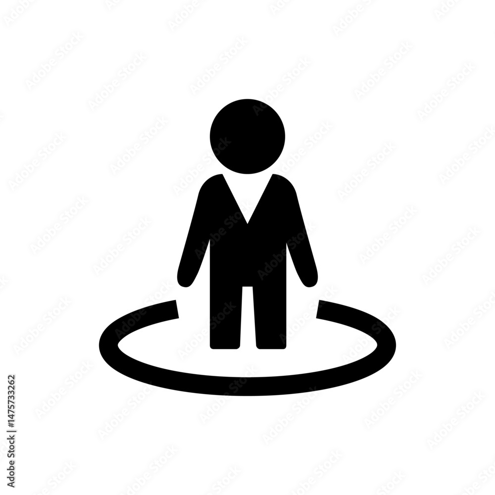 Poster person icon standing inside a broken circle representing location or presence in a specific area or 