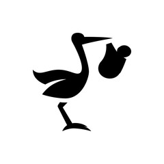 Silhouette of a stork carrying a baby in a bundle with its beak in a simple and minimalist style design