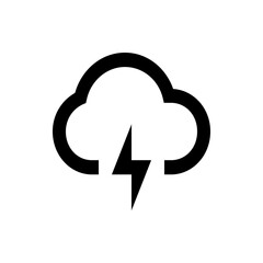 A bold black and white illustration of a cloud with a lightning bolt striking down from it in simple style