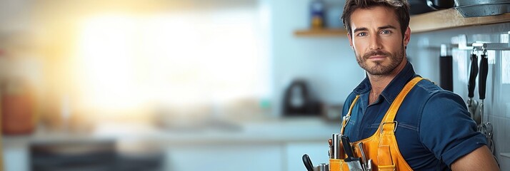 young man wearing orange apron standing in modern kitchen holding kitchen utensils and looking at camera with calm expression