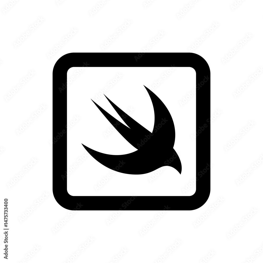Poster black and white square icon featuring a stylized bird in flight with sharp wing tips and rounded cor