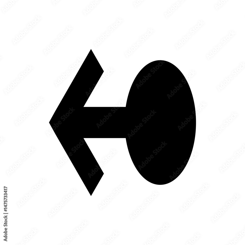 Poster black arrow pointing left connected to a black circle on a white background in a simple vector image