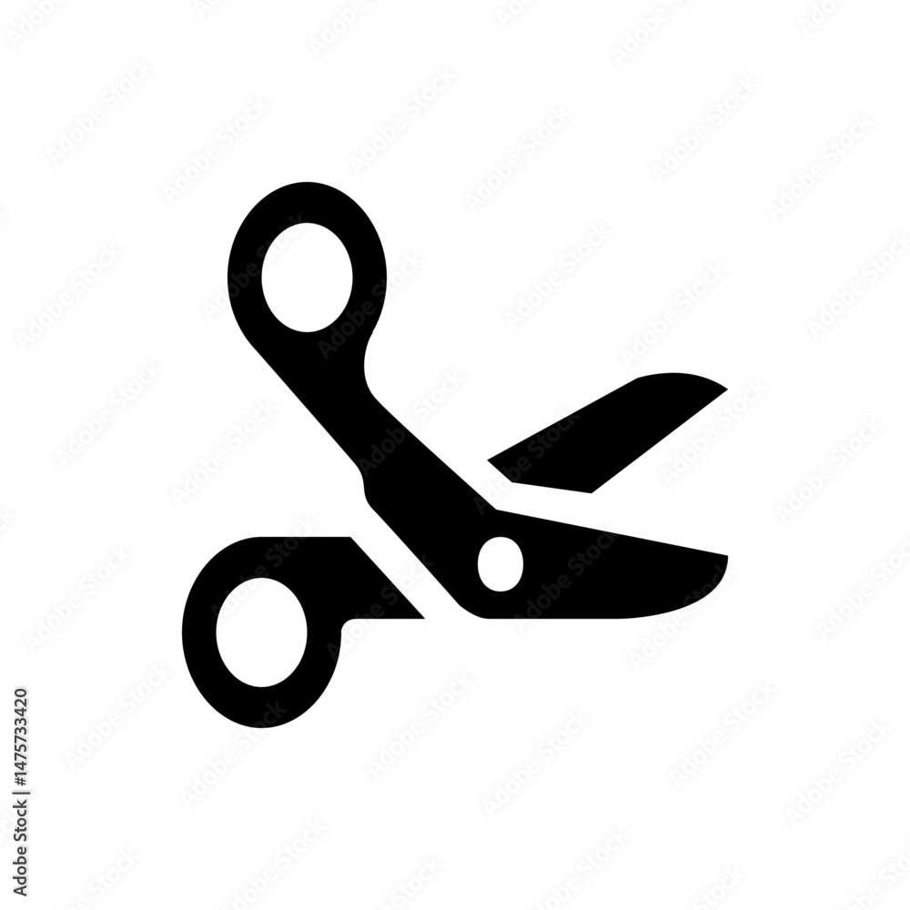 Poster silhouette of open black scissors with circular handles and angled blades on a white background imag