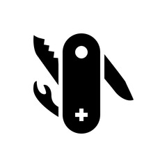 Illustration of a black swiss army knife with multiple tools extended on a white background design element