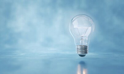 A single light bulb floating with a soft glow symbolizing ideas and innovation on an abstract blue background
