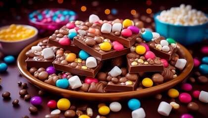 Bunte Bruchschokolade mit Smarties, Mini-Marshmallows und Popcorn