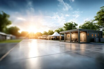 Obraz premium Modern Outdoor Space with Shelters and Tranquil Landscape View
