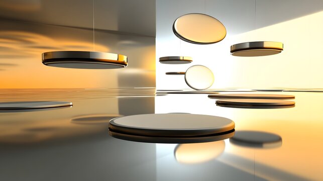 Abstract digital scene of floating discs.