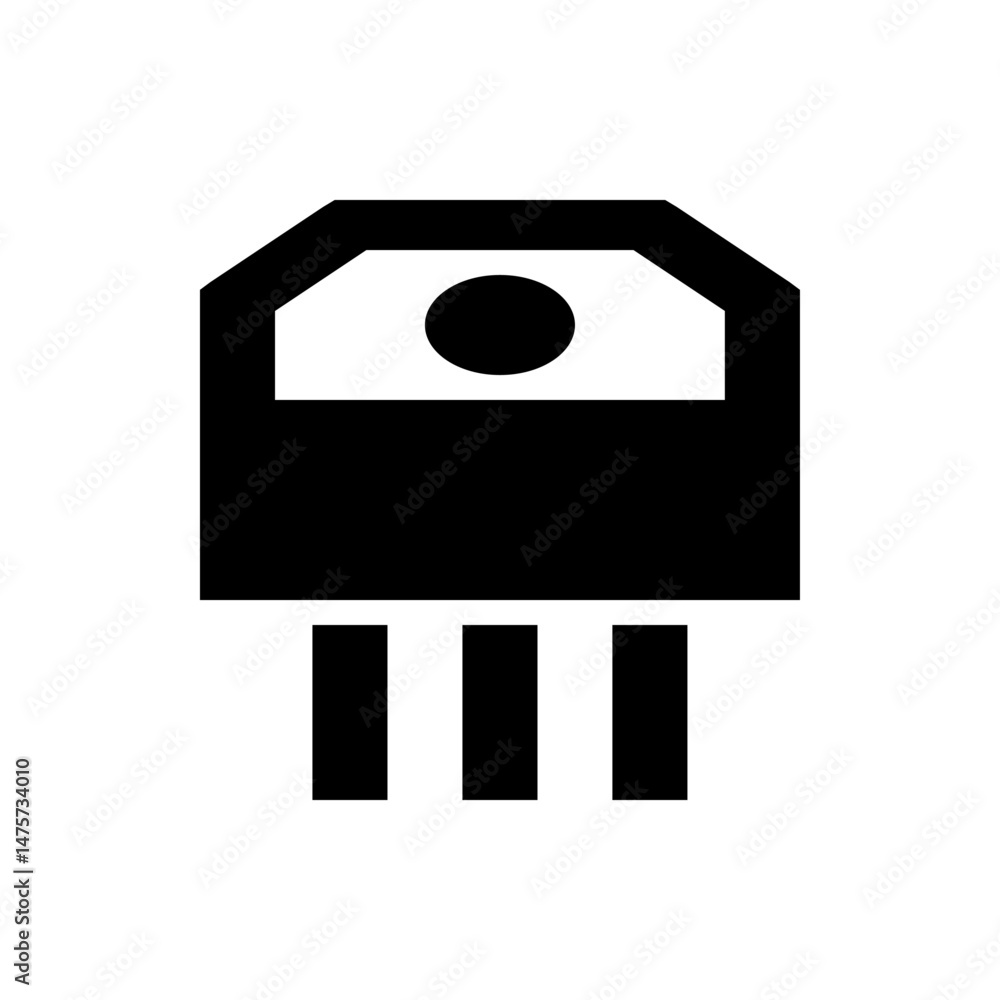 Poster illustration of a black transistor with a circular component on a white background in a simple style