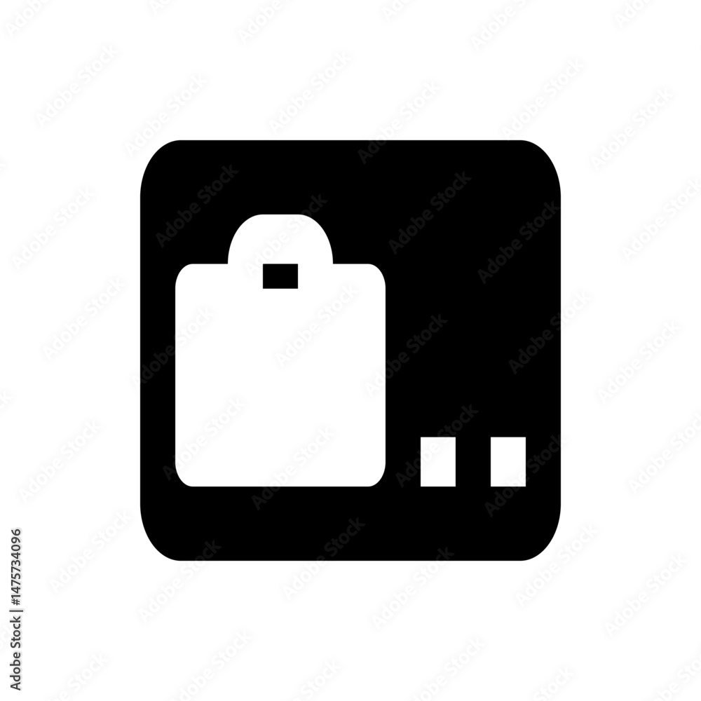Poster illustration of a briefcase inside a rounded rectangle with two small squares to the right side of i