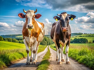 Holstein Friesian and Brown White Cows on Country Road - Rural Farm Animals Stock Photo