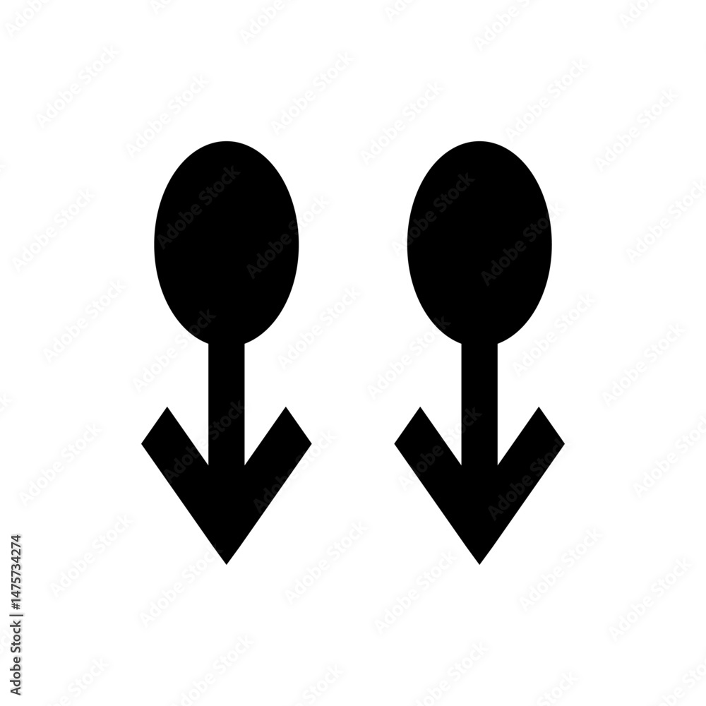 Poster two identical black downward pointing arrows each connected to a circle above on a white background