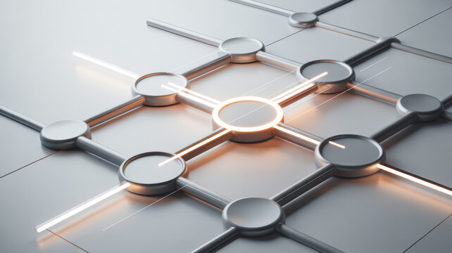 Abstract flowchart with glowing nodes and connections illustrating business process optimization and efficiency.
