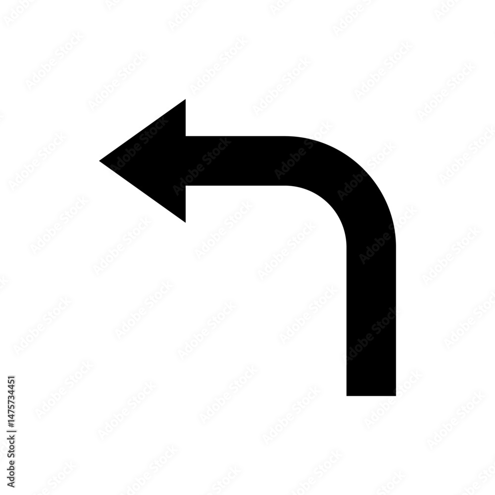 Poster black arrow turning left with rounded corner indicating direction on a white background simple desig
