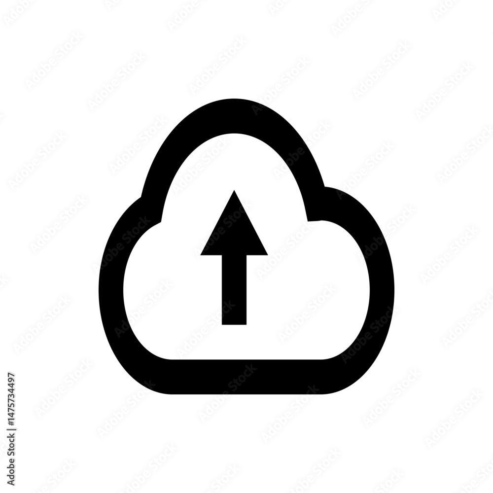 Poster illustration of a cloud shape with an arrow pointing upwards inside of it, suggesting data upload pr