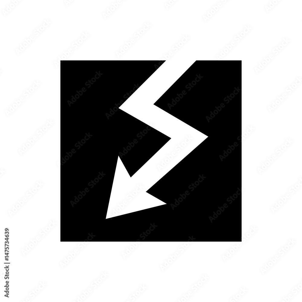 Poster white zig zag arrow pointing downwards on a black background creating a sense of direction and movem