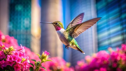 Fototapeta premium Hummingbird in Flight Near Pink Flowers - Architectural Photography