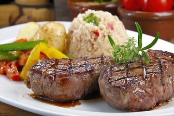 Grilled steak with potato rice and vegetables