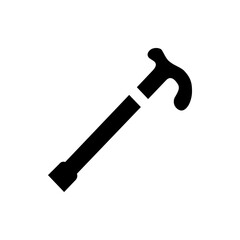 A black walking cane with a curved handle and a thick shaft is displayed diagonally on a white background