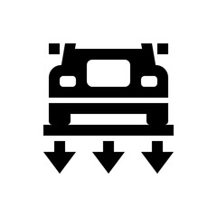 Black silhouette of a truck with three arrows pointing down indicating direction or movement downwards exactly