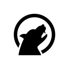 Silhouette of a howling wolf with visible fangs inside a thick black circle on a white background view