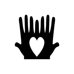 Silhouette of two hands with a heart in the center representing love and care in black and white design