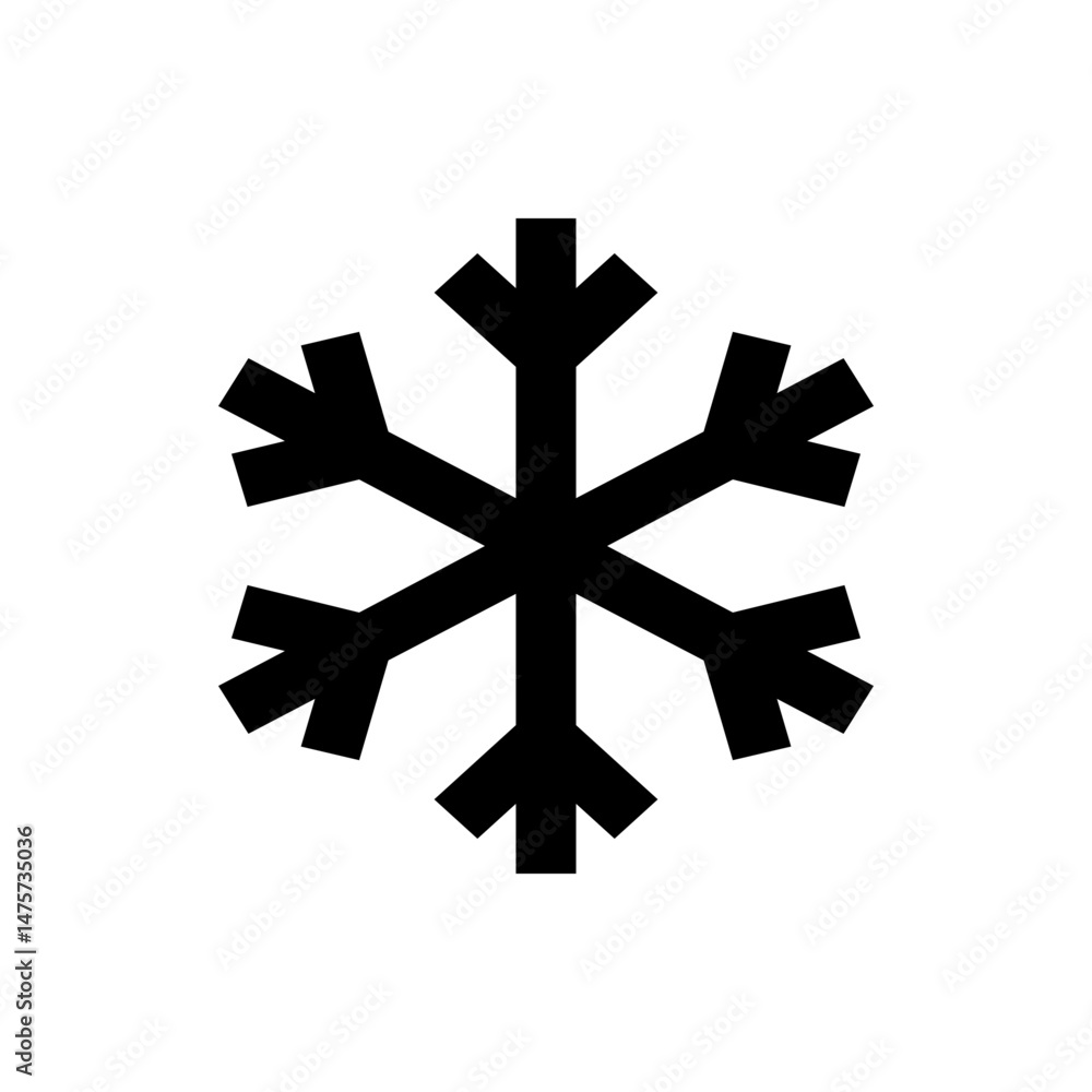 Poster a simple black snowflake design with six branches and a vertical line in the middle on white backgro