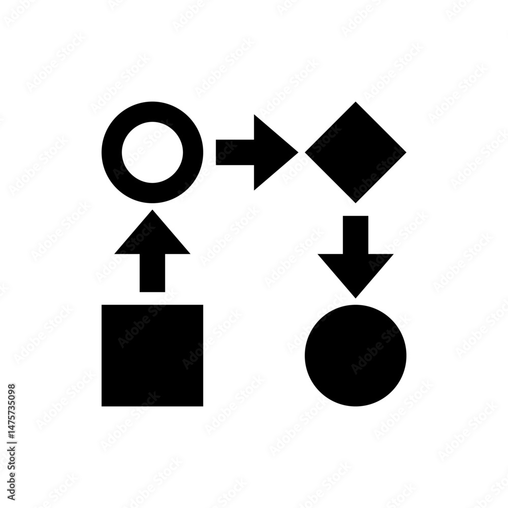 Poster black geometric shapes arranged in a flow chart style with arrows indicating direction of process fl