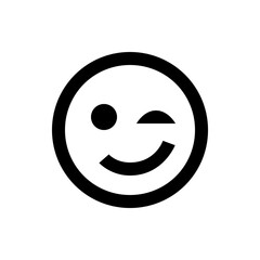 Illustration of a simple winking face emoticon with a circular head and a curved mouth expression icon