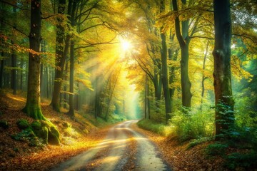 Obraz premium Idyllic Autumn Forest Path: Sunlit Golden Leaves & Green Canopy Double Exposure Stock Photo