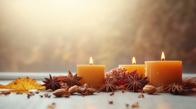 Three lit candles surrounded by star anise, dried autumn leaves, nuts, and spices on a wooden surface creating a warm and cozy atmosphere