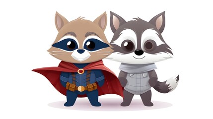 Fototapeta premium Adorable Raccoon and Rabbit in Costume Mask and Cape for Fun and Playful Animal Dress Up Activities