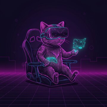 Retro Gamer Cat in VR Headset: 80s Synthwave Digital Art