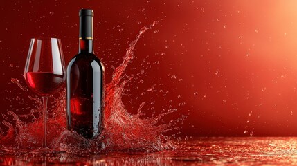 Elegant red wine bottle and glass with splashes on vivid crimson background, showcasing luxury beverage and celebration essence in perfect harmony
