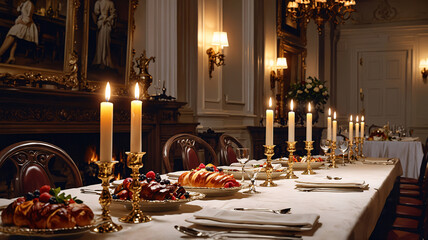 Luxury dinner setting royal themed room candle decor gourmet meal place setting long banquet table high class opulent presentation golden interior design photography