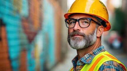 Confident construction worker wearing safety gear and glasses poses in an urban alley with graffiti wall in the background, showcasing professionalism and determination