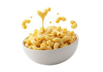 Macaroni and Cheese in Bowl with Pouring Sauce and Flying Noodles on Black isolated on transparent png