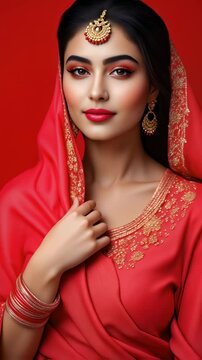 Indian woman in traditional red sari and jewelry. Portrait for Diwali, Karva Chauth, or wedding celebration. Hindu culture and beauty concept.