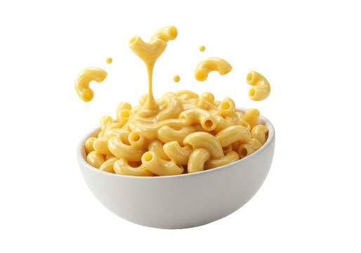 Macaroni and Cheese in Bowl with Pouring Sauce and Flying Noodles on Black isolated on transparent png