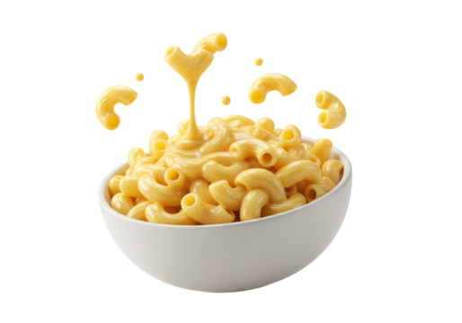 Macaroni and Cheese in Bowl with Pouring Sauce and Flying Noodles on Black isolated on transparent png